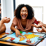 **Image of a diverse group of friends laughing and playing the cooperative board game "Pandemic" on a brightly lit table in a modern home. Focus on the teamwork and excitement of battling the virus together. Include game components like cards, tokens, and a game board depicting a world map.** (This visualizes the Co-op board game trend)