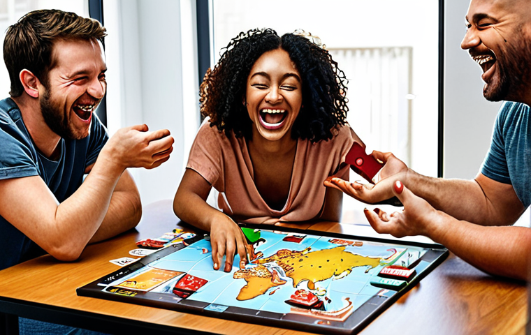 **Image of a diverse group of friends laughing and playing the cooperative board game "Pandemic" on a brightly lit table in a modern home. Focus on the teamwork and excitement of battling the virus together. Include game components like cards, tokens, and a game board depicting a world map.** (This visualizes the Co-op board game trend)