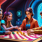 **

A vibrant, inviting board game scene. Focus on the artwork: a fantasy-themed game with beautifully rendered oil painting style illustrations, or a sci-fi game with neon colors and sharp lines. Show characters with expressive designs that draw the viewer in. The overall impression should be one of immersion and excitement.

**