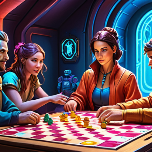 **

A vibrant, inviting board game scene. Focus on the artwork: a fantasy-themed game with beautifully rendered oil painting style illustrations, or a sci-fi game with neon colors and sharp lines. Show characters with expressive designs that draw the viewer in. The overall impression should be one of immersion and excitement.

**
