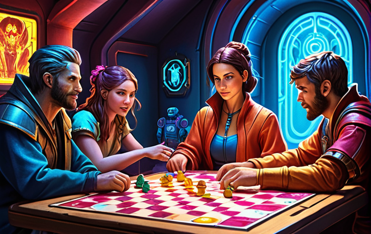 **

A vibrant, inviting board game scene. Focus on the artwork: a fantasy-themed game with beautifully rendered oil painting style illustrations, or a sci-fi game with neon colors and sharp lines. Show characters with expressive designs that draw the viewer in. The overall impression should be one of immersion and excitement.

**