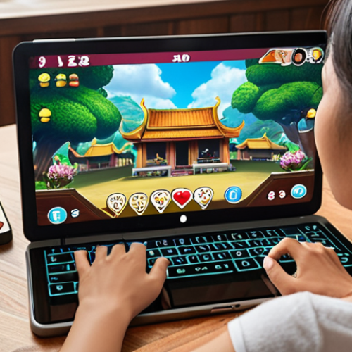 **Immersive Online Board Game Viewing Experience:** A person, representative of a Thai individual, is comfortably engrossed in watching a board game live stream on a tablet or laptop. The screen displays an engaging board game session with lively streamers and visible chat interactions or emojis. The atmosphere is cozy and relaxed, conveying a sense of immersive entertainment and connection, as if they are part of the game session. Subtle elements of a modern home setting.